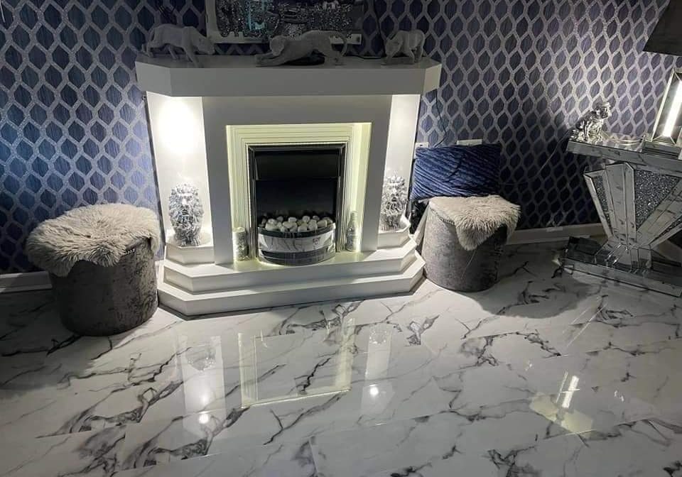 white marble high gloss floor and white fire place